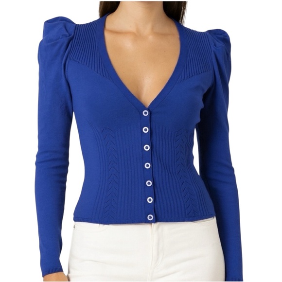 Karen Millen Sweaters - Karen Millen Bold Blue Cardigan Puff Sleeve Sweater